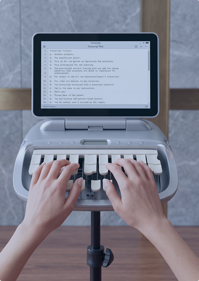 Court reporter typing a transcript on a stenotype machine